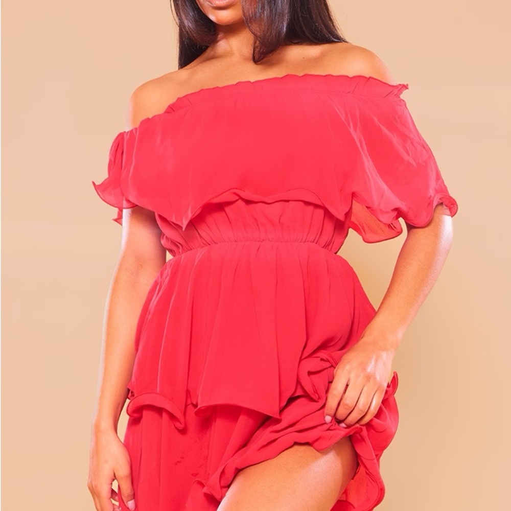 NWT PrettyLittleThing RED CHIFFON BARDOT RUFFLE TIERED DRESS